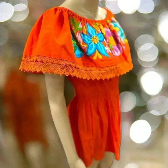 Campesino Oaxacan Mexican orange peplum tunic top w/Silk Embroidery-OS - Picture 4 of 7